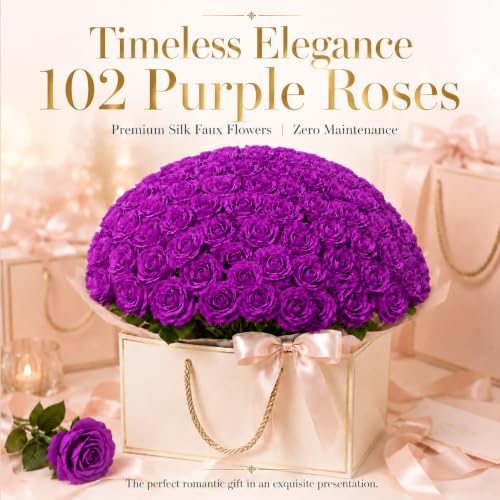 102 PCS Purple Roses Artificial Flowers, Fake Purple Roses, Purple Artificial Roses with Stems for DIY Wedding Flowers Decoration, Valentines Roses, Wedding Decoration - color: Purple, size: 102 Pcs