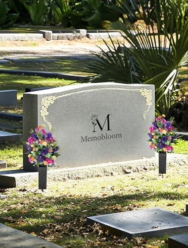 Artificial Cemetery Flowers for Grave: Memorial Day Flowers for Cemetery - Outdoor Grave Decorations - 2 Pcs Purple Violet Mums Bouquets with Vases - color: Purple & Pink