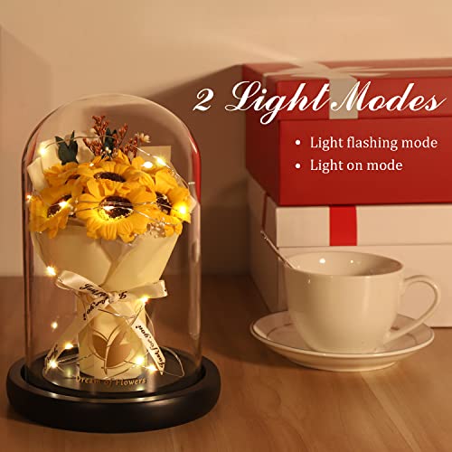 Rose Gift for Mom, Sunflower Gift for Mom-Preserved Artificial Rose Flower Gifts for Women Friends Sunflower Gifts for Wife,Light Up Rose in Glass Dome-Thankgiving Birthday Valentine Anniversary - color: Yellow