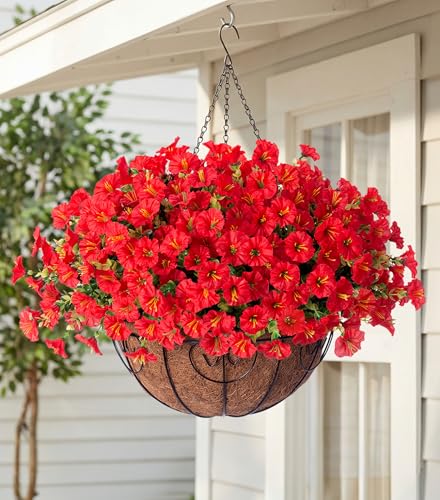 HyeFlora Artificial Fake Hanging Flowers for Outdoors Baskets Spring Decor, Faux Hanging Plants Outside Silk Morning Glory in Planter Look Real UV Resistant for Outdoor Porch Patio Garden Home, Red - color: B Red