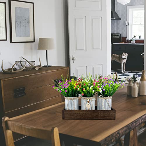 CALAVAK Decorative Centerpiece Wooden Tray with 3 Metal Potted Artificial Babys Breath Gypsophila Plant Flowers Rustic Country Farmhouse Décor for Dining Room, Living Room and Kitchen Table - style: Milan Plants