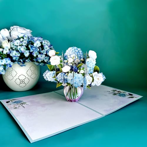 Blue Hydrangea and Rose Flower Bouquet Pop Up Card, 3D Blooming Love Greeting Card for Birthday, Mothers Day, Valentines Day, Anniversary, Congratulations, Thinking of You, All Occassions by Teabug