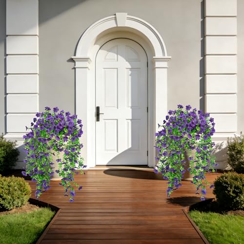 UV Resistant Artificial Hanging Flowers Outdoor Decor - 2 Pack Fake Hanging Plants with Silk Daisies for Spring Summer, No Fade Faux Flowers for Planter, Front Door, Porch, Patio, Garden, Yard - color: Purple