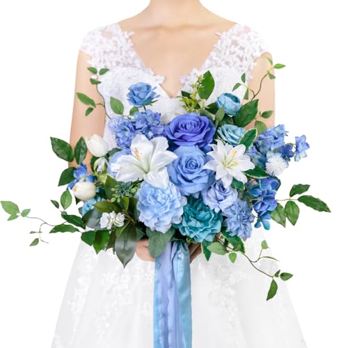 TINGE TIME 13 Inch Wedding Bouquets for Bride,Bridal Bouquet for Bride, Artificial Silk Flowers for Wedding Ceremony and Anniversary (Provence Blue) - color: Provence Blue