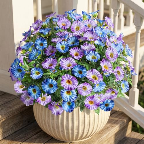 Blue Purple Artificial Morning Glory Flowers for Outdoor Planters, Premium UV Resistant Silk Faux Flowers for Porch, Hanging Basket & Window Box, Cottage Garden Decor, No Pot, 13.3 Inch, 8 Bundles - color: Blue Purple 8pcs