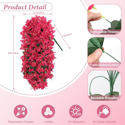 2PCS Faux Bougainvillea UV Resistant Artificial Flowers Plants for Outdoors Faux Hanging Bougainvillea Flowers Outside Decoration Fake Silk Long Trailing Vines for Front Door Porch Patio (Rose red) - color: Rose Red