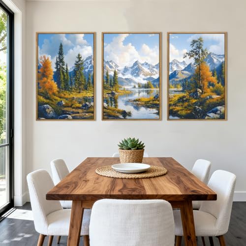 BINCUE Framed Mountain Landscape Wall Art Nature Forest Wall Decor Tree and River Art Print Nature Landscape Artwork Mountain Forest Wall Pictures for Living Room Bedroom Office Farmhouse 16x24 Inches Set of 3 Gift - color: Mountain Nature Landscape, size