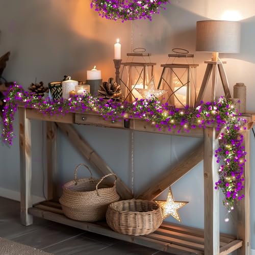 RECUTMS Artificial Garland Greenery Hanging Spring Lighted Garland Artificial Vine Plants Spring Eucalyptus Vine with Lights for Indoor Outdoor Home Wedding Mantel Party Kitchen Decor(Fuchsia) - color: Fuchsia With Lights