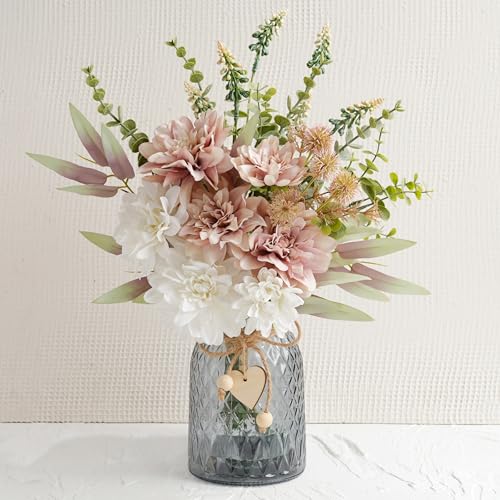 LUEUR Artificial Dahlia Flowers with Vase – Dusty Pink Faux Flower Arrangement, Elegant Floral Centerpiece Table Decorations for Coffee Table, Dining Room, Bedroom, Living Room & Farmhouse Home Decor - color: Dusty Pink
