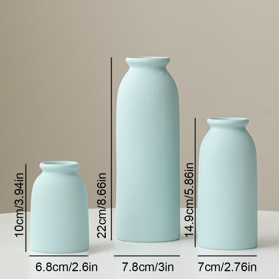 Ceramic Vase Set-3, Small Flower Vases for Decor, Modern Boho Farmhouse Style, Decorative Vases for Pampas Grass & Dried Flowers, Distressed Finish (Blue) - color: Blue