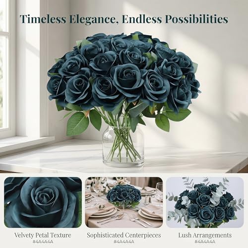 52pcs Emerald Green Roses Artificial Flowers Fake Flowers Silk Roses with Stems for DIY Wedding Bouquets Bridal Shower Centerpieces Arrangements Party Decorations - color: Emerald Green