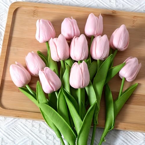10 Elegant Pink Tulip Artificial Flowers with Dark Green Leaves - color: Pink1