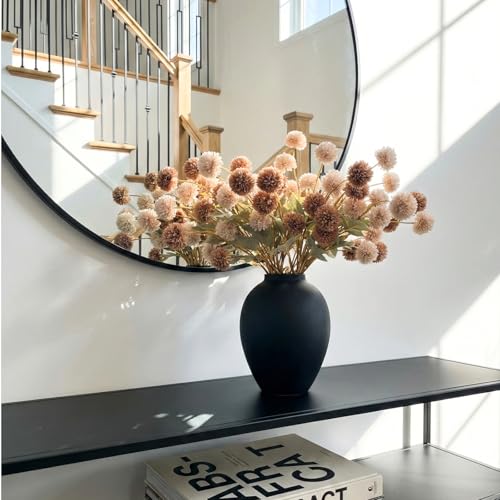 22pcs Artificial Beige & Brown Kiku Flowers with Eucalyptus Stems Bulk, Faux Silk Mum Pom Poms for Vase, Modern Farmhouse Boho Home Decor, Realistic Floral Centerpiece for Kitchen & Living Room - color: Beige & Brown