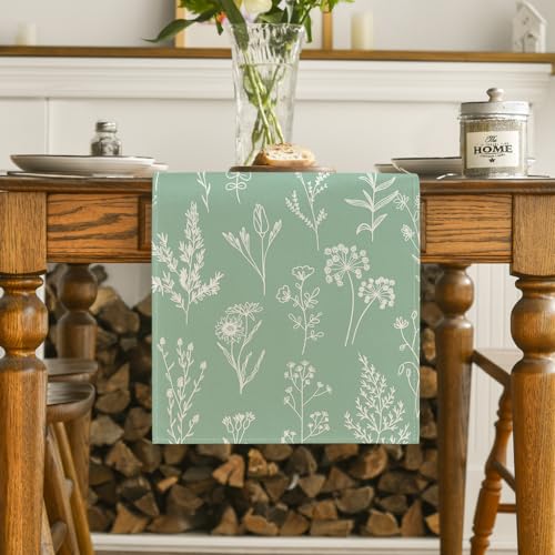Artoid Mode Sage Green Leaves Flowers Spring Table Runner, Seasonal Kitchen Dining Table Decoration for Home Party Decor 13x90 Inch - color: Sage Green, size: 13" x 90", Table Runner