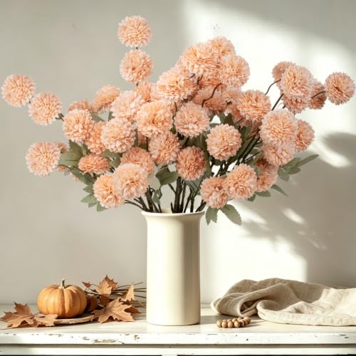 INQCMY Artificial Flowers 12 Pcs Fake Chrysanthemums Faux Kiku Flower Long Stem 20" Realistic Silk Pompon Mums for Vase Wedding Bouquets Centerpieces Home Decor (Light Orange) - color: Light Orange