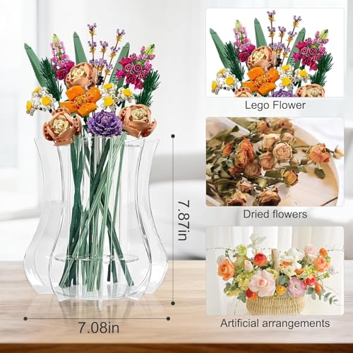 Vase for Lego Flowers Bouquet, for Mom, Acrylic Display Holder Compatible with Lego Botanical Collections Roses Sunflowers, for Lego Flower Building Set Lovers, Crystal Clear
