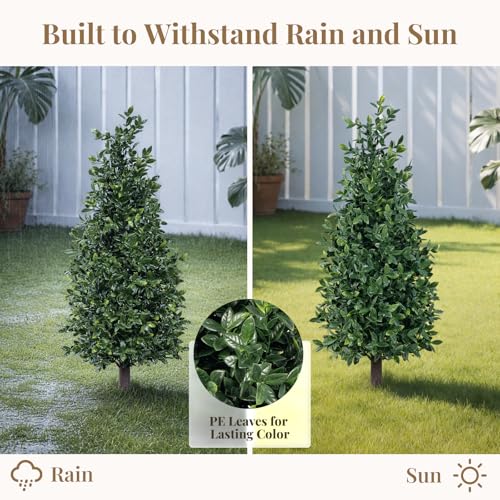 2FT Artificial Boxwood Topiary Trees with Ground Spike, 2 Pack Faux Boxwood Topiaries Cone Bushes Trees UV Resistant Artificial Shrubs for Indoor Outdoor Front Porch Garden - color: Boxwood-3