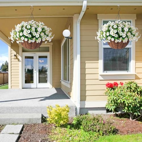 Artificial Fake Hanging Flowers Plants Baskets Spring Outdoor Decor, Outdoor Faux Silk White Morning Glory Eucalyptus in Planter UV Resistant Realistic for Outside Porch Patio Balcony Garden Yard Home - color: B White