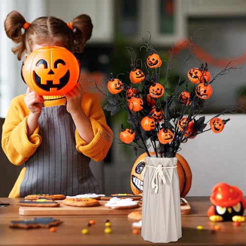 6 Pack Halloween Stems with Pumpkins & Black Maple Leaves – Faux Curly Willow Branches & Decorative Twigs for DIY Crafts, Home & Party Decoration