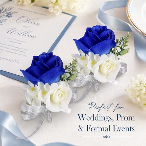 ChezMax Rose Boutonniere Handmade Flower Artificial Corsage with Clip and Ribbon 4 PCS for Bride Groom Wedding Prom Party - color: A-blue Boutonniere-4 Pcs