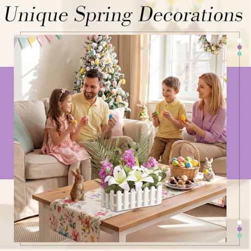 Floral Centerpieces for Tables Spring Flower Table Centerpieces for Dining Room in Picket Fence Pot Artificial Lily and Hyacinth Arrangement with Palm Leaves Eucalyptus for Home Wedding Kitchen Table