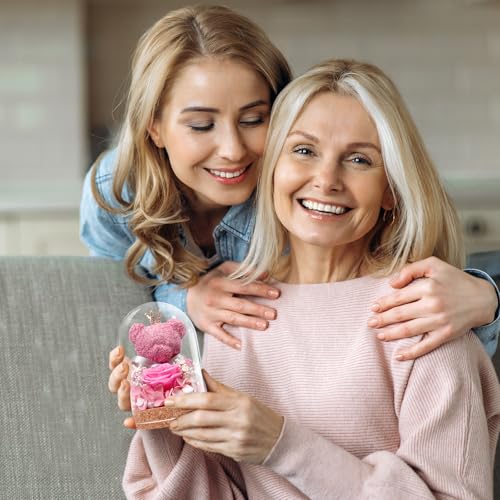 Preserved Rose Flowers Gifts for Her, Real Forever Rose in Glass Dome with Adorable Bear for Girlfriend,Mom,Wife,Grandma on Birthday Anniversary Valentine's Day - color: Pink