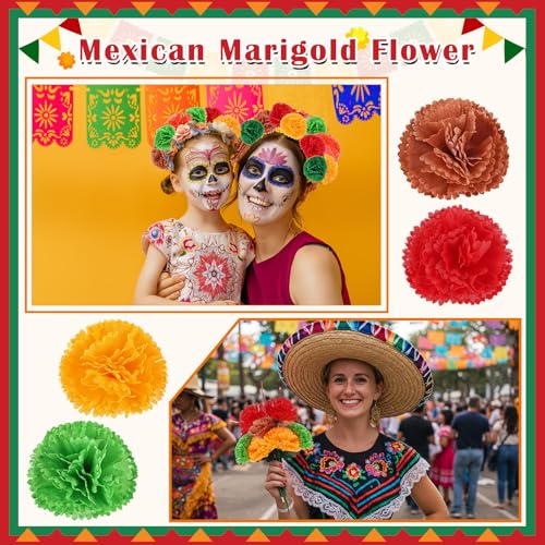 Syhood 50 Pcs Mexican Marigold Flower Bulk Decorations Flores Artificiales Fiesta Party Decorations for Mexican Backdrop Party Floral with Stems DIY Marigold Garland - color: Classic Color