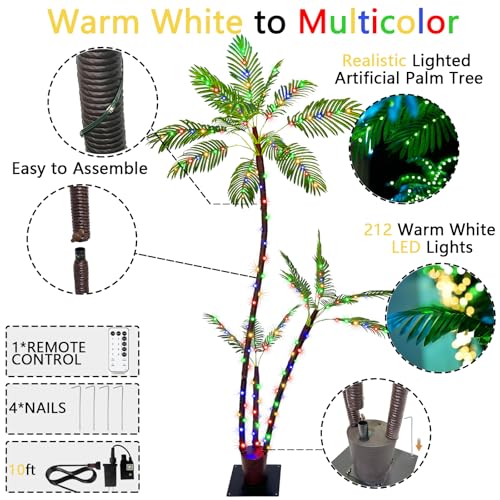 SOSHOT 6FT Lighted Artificial Palm Tree with Three Trunks and 212 LED Lights with Remote Control and App Waterproof for Tiki Bars, Patios,Beaches,Yards Pool, Cruise Party-Warm White to Multicolor - style: 6FT Warm White to Multicolor
