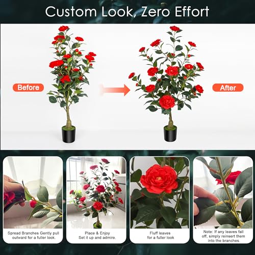 2Pack 35.43" Artificial Camellia Trees with 24 Red Flowers in Cement Pots – Lifelike Fake Trees for Front Porch, Home, Indoor Outdoor Spring Decor, Office or Housewarming Gifts - color: Red, size: 35.43 inchx2