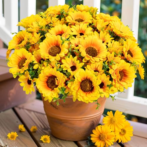 Artificial Sunflowers for Outdoors, 10 Bundles Fake Silk Sunflowers with Eucalyptus Leaves UV Resistant for Home Outside Front Door Porch Planters Garden Balcony Yard Patio Wedding Party Decor