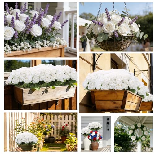 Roses Artificial Flowers, Silk Roses with Stems for Wedding Bridal Bouquets, Valentine Anniversary Mother's Day Get Well Hostess Housewarming Gifts, Indoor Outdoor Decor Party Centerpiece (12, White) - color: White