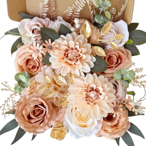 Terracotta Artificial Flowers Combo Box Bulk Nude Cream Silk Roses Dahlia with Freely Combined Stems Bridal Wedding Bouquets Cake Flower Beige Gold Boho Floral Arrangements Baby Shower Party Decor - color: Nude, Beige, Terracotta