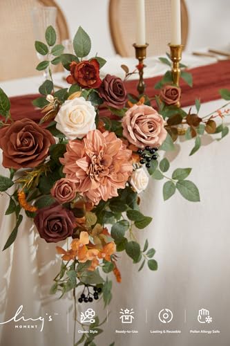 Ling's moment 2PCS Terracotta Artificial Floral Swags Centerpieces Wedding Arch Flower Garland Burnt Orange Rose Fall Flowers Greenery for Table Backdrop Easel Wall Entryway Outdoor Board Decor - color: Or-terracotta