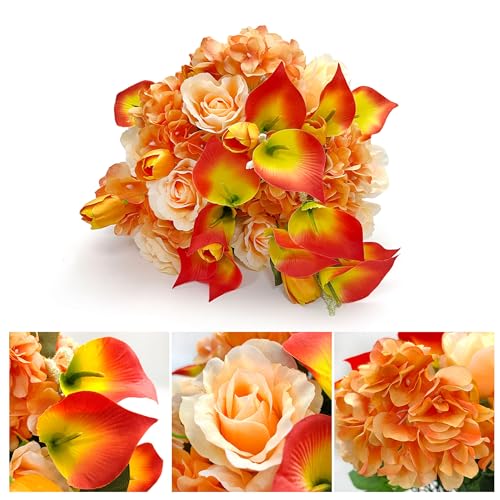 FLOWERIA Headstone Flower Saddle Cemetery Flowers for Grave - Artificial Tulips Roses Sympathy Flowers for Gravesite Decoration - color: Orange, size: 2 Bouquets 1 Saddle
