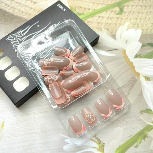 French Tip Press on Nails Square Short Fake Nails Full Cover Cherry Blossoms Nails with Pearl Design Cute Glue on Nails Nude Pink Artificial False Nails Flower Acrylic Nails for Women Girls 24Pcs