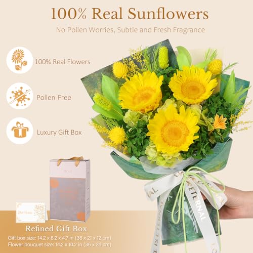 Forever Flowers for Delivery - Preserved Sunflower Bouquet with Gift Box & Greeting Card, Real Eternal Flowers, Gifts for Women, Mom, Mother's Day, Birthday, Anniversary, Graduation - color: Green