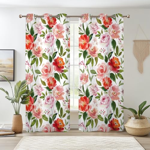 Renaiss Watercolor Flowers Curtains Rose Peony Floral Print Blackout Window Curtain Panels Thermal Insulated Grommet Top Window Curtains for Living Room Bedroom 29W x 45L Inch 2 Panel Set - color: Orange Pink, size: 29"W x 45"L (Pack of 2)