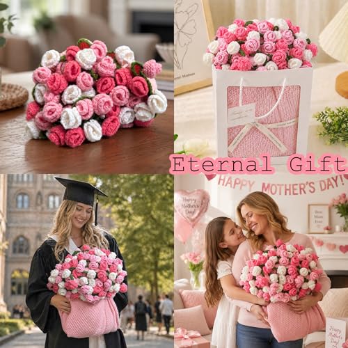 Crochet Flower Bouquet Throw Blanket, Cute Romantic Gift for Her Girlfriend Mom Mother’s Day Valentine Wedding Anniversary Birthday (Pink, 60 inches) - color: Pink, size: 60 inches