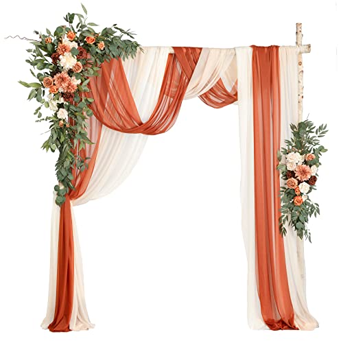 Ling's moment Fall Wedding Arch Flowers, Terracotta & Burnt Orange | Artificial Floral, Ceremony Backdrop Decor, 5-Piece Set, 2 Flower Stems + 3 Sheer Drapes, Arbor Decor - color: Or-terracotta & Orange