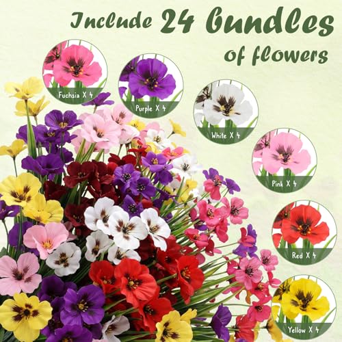 HUITEM 24 Pcs Artificial Fake Pansy Flowers for Outdoor, Silk Faux Pansies Uv Resistant Faux Outdoor Flowers, Spring Flowers for Planter Front Door Porch Yard Patio Window Box Home Decor (6 Color) - color: 6 Color