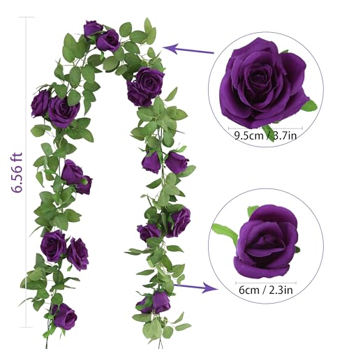 Felice Arts 2 Pack Dark Purple Artificial Flower Garland Each 6.5FT Fake Rose Vine Hanging Floral Garland for Wedding Flowers Table Arrangement Room Teepee Mirror Decor - color: Darkpurple