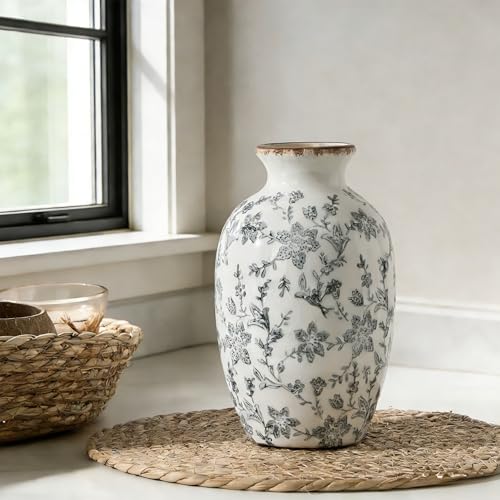 Gray Vintage Chinoiserie Floral Vase, 7.95" Decorative Flower Vase, Modern Farmhouse Ceramic Vase for Home Decor, Living Room, Bookshelf, Office, Entryway, Garden, Chinoiserie Decor, Tuscan Decor - color: Gray- 7.95"