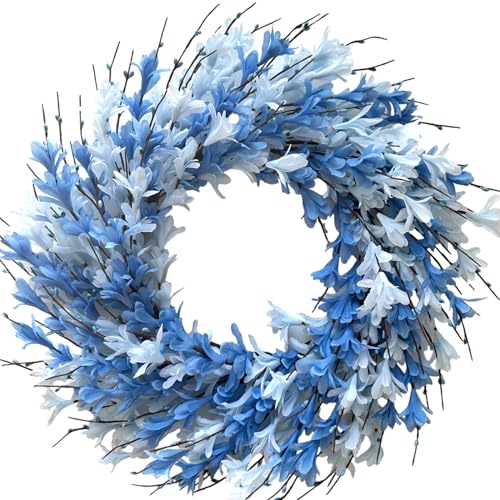 22inch Artificial Forsythia Flower Wreath Spring Summer Fall Wreath Silk Leaves for Front Door Porch Farmhouse Patio Garden Home Decor (Blue) - color: Blue