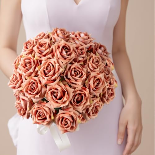 Ttranewsoo Fake Roses Faux Flowers Silk Roses Artificial Roses with Stems Realistic Artificial Flowers Suitable for Indoor Home Decoration Diy Bouquet Wedding Decoration Party Decor 24PCS Khaki 16.5In - color: Khaki 24pcs
