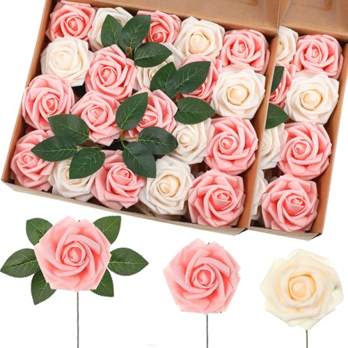 50 Pcs Artificial Foam Rose Flower Faux Bouquet Wedding Fake Rose Gift for Mother's Day Women DIY Bridal Shower Party Table Birthday Home Spring Decor (Pink,Champagne) - color: Pink, Champagne