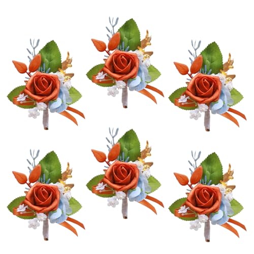 Marriwise 6pcs Rose Boutonniere for Men, Artificial Flowers Terracotta & Blue Wedding Groom Groomsmen Boutonniere for Wedding/Anniversary/Prom/Rustic Wedding/Homecoming (Terracotta & Blue) - color: Terracotta & Blue