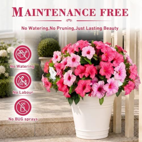 6Pcs Artificial Flowers for Outdoors, Fake Petunias Morning Glory Silk Flower UV Resistant, Faux Flowers for Outdoor Planters, Realistic Flora for Window Box Garden Porch Decor (DoublePink-Petunia) - color: Doublepink-petunia