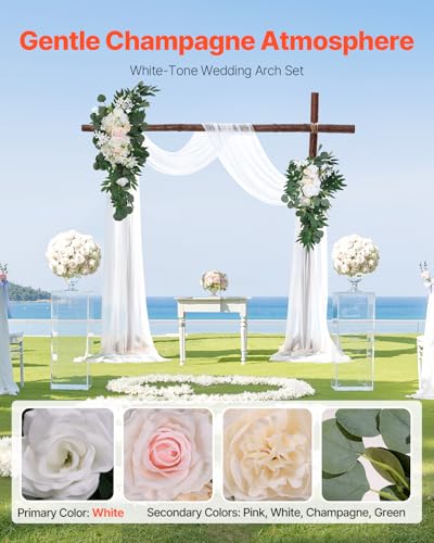 VEVOR Artificial Wedding Arch Flowers Kit, White Wedding Arch Flowers with Drapes Kit (Pack of 4) - 2 Pcs Floral Arrangement, 2 Pcs Sheer Drapes, for Ceremony Bouquets Reception Backdrop Decoration - color: White, size: 4 Pcs