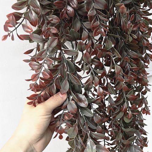 Artificial Hanging Plants Fake Vines Greenery Plastic Leaves Ivy Faux Garland Leaf for Indoor Outdoor Fence Trellis Home Wall Decor Bedroom Garden Party Wedding DIY Christmas Decoration - Red 4 Pack - color: Red Leaves Vines / 4 Pack