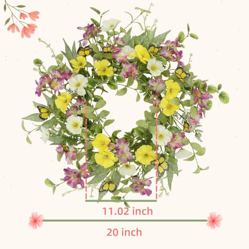 YNYLCHMX 20" Spring Summer Wreaths for Front Door, Artificial Wreath with Yellow Daisies Green Eucalyptus Leaves Butterflies, Green Foliage Wreath for Wall Window Farmhouse Party Holiday Home Decor - color: Daisies&butterflies